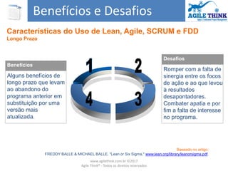 Desafios
Romper com a falta de
sinergia entre os focos
de ação e ao que levou
à resultados
desapontadores.
Combater apatia e por
fim a falta de interesse
no programa.
Benefícios
Alguns benefícios de
longo prazo que levam
ao abandono do
programa anterior em
substituição por uma
versão mais
atualizada.
Benefícios e Desafios
Baseado no artigo:
FREDDY BALLE & MICHAEL BALLE, "Lean or Six Sigma," www.lean.org/library/leanorsigma.pdf.
Características do Uso de Lean, Agile, SCRUM e FDD
Longo Prazo
www.agilethink.com.br ©2017
Agile Think® - Todos os direitos reservados
 