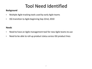 2Tool Need IdentifiedBackgroundMultiple Agile tracking tools used by early Agile teams