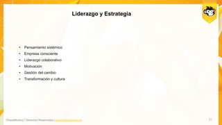 ChaosMonkey | Derechos Reservados | www.chaosmonkey.la
Liderazgo y Estrategia
21
• Pensamiento sistémico
• Empresa consciente
• Liderazgo colaborativo
• Motivación
• Gestión del cambio
• Transformación y cultura
 
