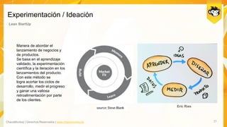 ChaosMonkey | Derechos Reservados | www.chaosmonkey.la
Experimentación / Ideación
21
Lean StartUp
Manera de abordar el
lanzamiento de negocios y
de productos.
Se basa en el aprendizaje
validado, la experimentación
científica y la iteración en los
lanzamientos del producto.
Con este método se
logra acortar los ciclos de
desarrollo, medir el progreso
y ganar una valiosa
retroalimentación por parte
de los clientes.
Eric Ries
 