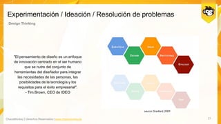 ChaosMonkey | Derechos Reservados | www.chaosmonkey.la
Experimentación / Ideación / Resolución de problemas
21
Design Thinking
"El pensamiento de diseño es un enfoque
de innovación centrado en el ser humano
que se nutre del conjunto de
herramientas del diseñador para integrar
las necesidades de las personas, las
posibilidades de la tecnología y los
requisitos para el éxito empresarial".
- Tim Brown, CEO de IDEO
 