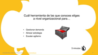 ChaosMonkey | Derechos Reservados | www.chaosmonkey.la
Cuál herramienta de las que conoces eliges
a nivel organizacional para…
21
• Gestionar demanda
• Alinear estrategia
• Escalar agilismo
5 minutos
 