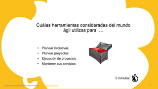 ChaosMonkey | Derechos Reservados | www.chaosmonkey.la
Cuáles herramientas consideradas del mundo
ágil utilizas para …
21
• Planear iniciativas
• Planear proyectos
• Ejecución de proyectos
• Mantener sus servicios
5 minutos
 