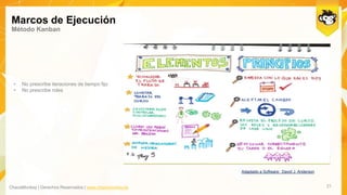 ChaosMonkey | Derechos Reservados | www.chaosmonkey.la
Marcos de Ejecución
Método Kanban
21
Adaptado a Software: David J. Anderson
• No prescribe iteraciones de tiempo fijo
• No prescribe roles
 