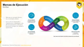 ChaosMonkey | Derechos Reservados | www.chaosmonkey.la
Marcos de Ejecución
DevOps
21
• Más que un concepto técnico
• es un concepto cultural.
• Es la unión de desarrollo e
infaestructura y despliegue, más
allá de la jerarquía y estructura,
buscando entregar con calidad y
oportunidad.
http://www.vidurinfotech.com/what-is-devops-why-use-devops/
 
