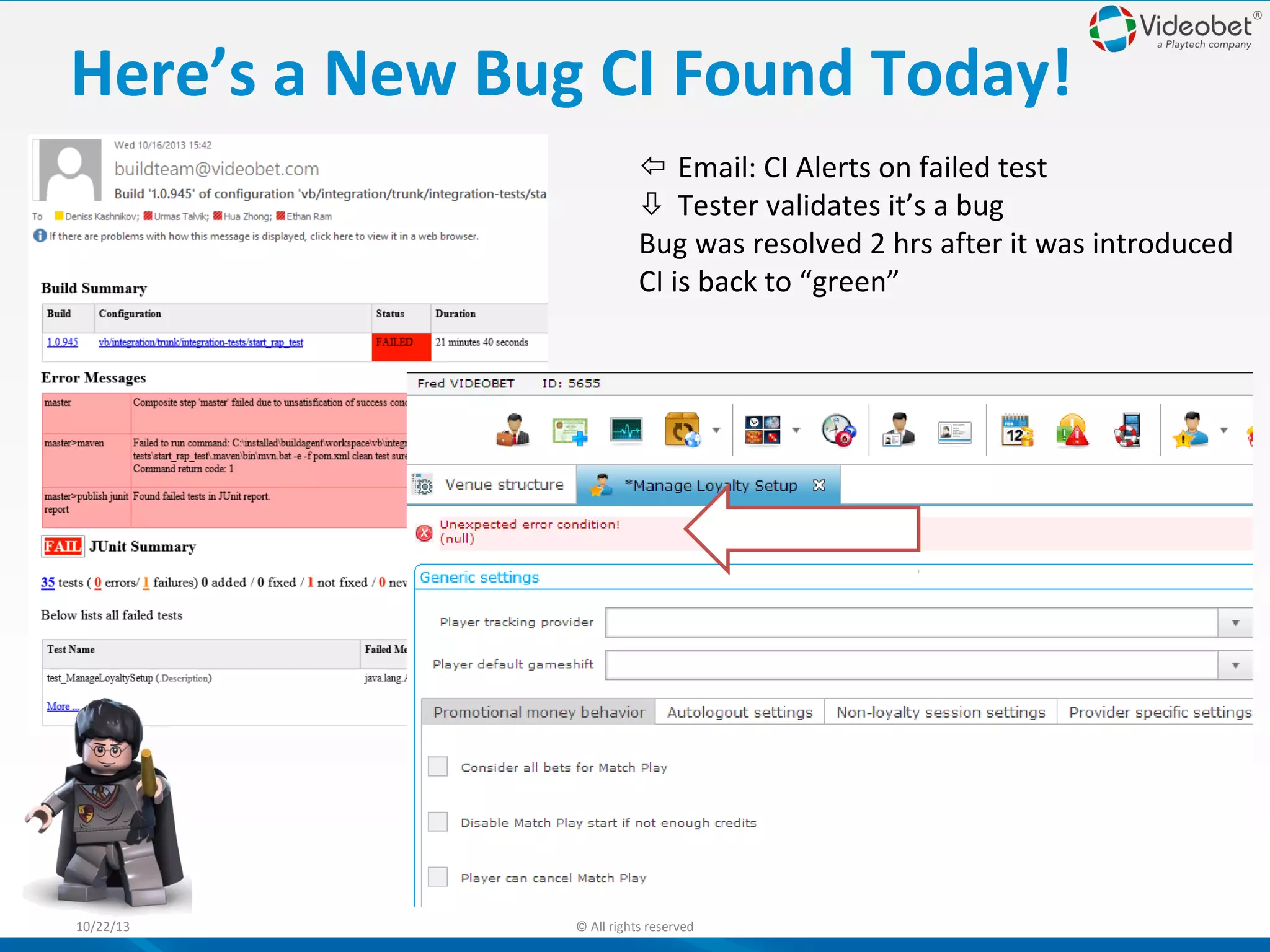 Here’s a New Bug CI Found Today!
 Email: CI Alerts on failed test
 Tester validates it’s a bug
Bug was resolved 2 hrs after it was introduced
CI is back to “green”

10/22/13

© All rights reserved

 