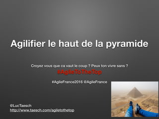 Agiliﬁer le haut de la pyramide
Croyez vous que ca vaut le coup ? Peux ton vivre sans ?
#AgileToTheTop
#AgileFrance2016 @AgileFrance
@LucTaesch
http://www.taesch.com/agiletothetop
 