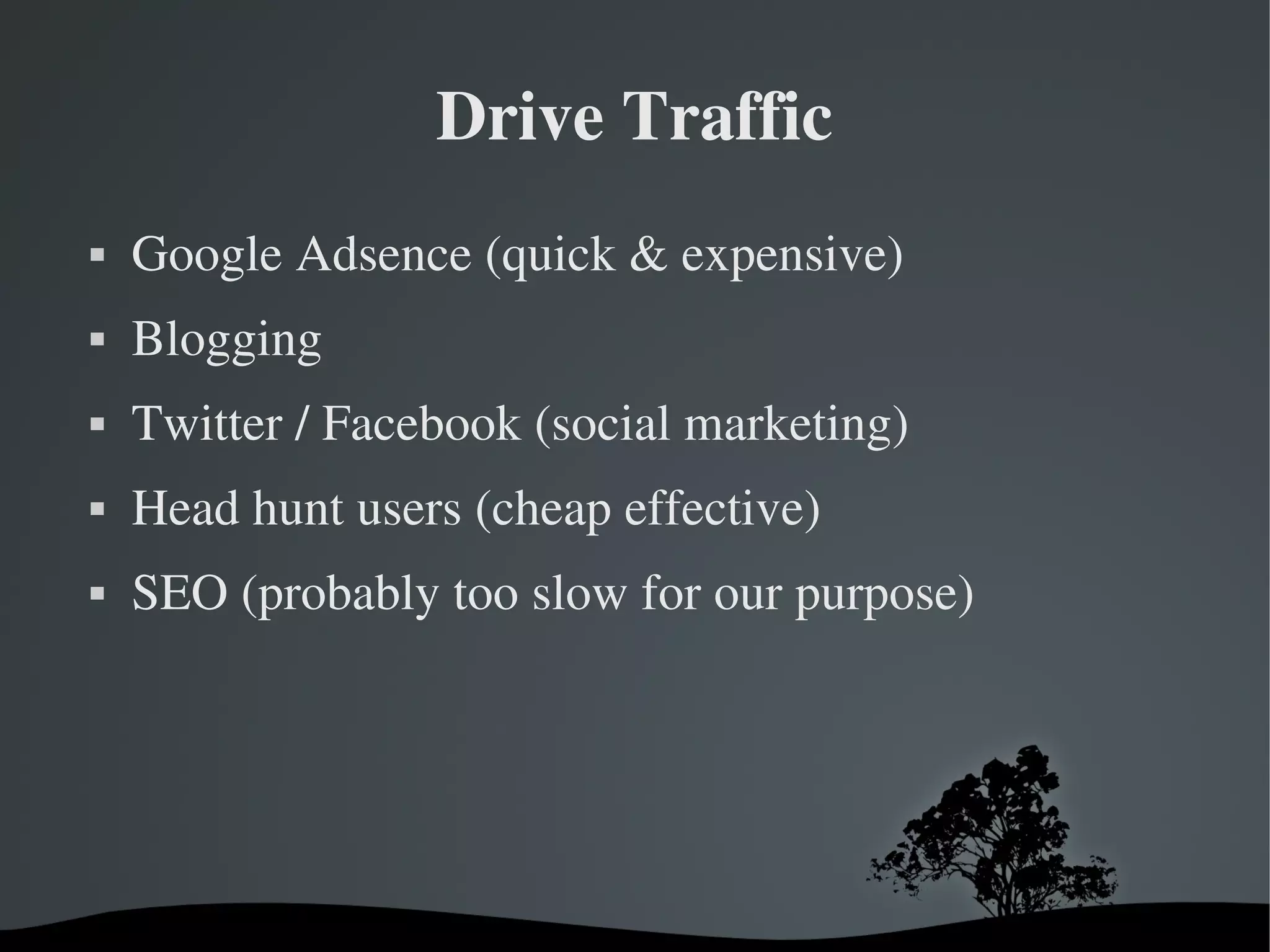 Drive Traffic
   Google Adsence (quick & expensive)
   Blogging
   Twitter / Facebook (social marketing)
   Head hunt users (cheap effective)
   SEO (probably too slow for our purpose)




                       
 