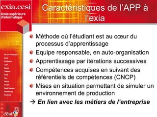 Caractéristiques de l’APP à
l’exia
Méthode où l’étudiant est au cœur du
processus d’apprentissage
Equipe responsable, en auto-organisation
Apprentissage par itérations successives
Compétences acquises en suivant des
référentiels de compétences (CNCP)
Mises en situation permettant de simuler un
environnement de production
 En lien avec les métiers de l’entreprise
 