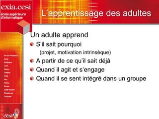 L’apprentissage des adultes
Un adulte apprend
S’il sait pourquoi
(projet, motivation intrinsèque)
A partir de ce qu’il sait déjà
Quand il agit et s’engage
Quand il se sent intégré dans un groupe
 