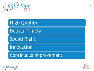 High Quality
Deliver Timely
Spend Right
Innovation
Continuous Improvement
 