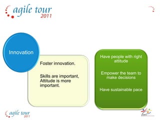 Innovation
                                     Have people with right
                                           attitude
             Foster innovation.

                                     Empower the team to
             Skills are important,     make decisions
             Attitude is more
             important.
                                     Have sustainable pace
 