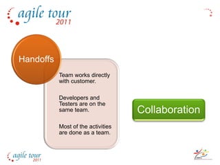 Handoffs
           Team works directly
           with customer.

           Developers and
           Testers are on the
           same team.               Collaboration
           Most of the activities
           are done as a team.
 
