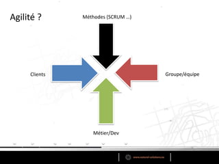 Clients Groupe/équipe
Méthodes (SCRUM …)
Métier/Dev
Agilité ?
 