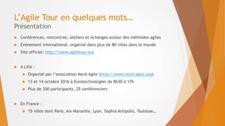 L’Agile Tour en quelques mots…
Présentation
 Conférences, rencontres, ateliers et échanges autour des méthodes agiles
 Evénement international, organisé dans plus de 80 villes dans le monde
 Site officiel: http://www.agiletour.org
 A Lille :
 Organisé par l’association Nord-Agile (http://www.nord-agile.org)
 13 et 14 octobre 2016 à Euratechnologies de 8h30 à 17h
 Plus de 350 participants, 25 conférenciers
 En France :
 15 villes dont Paris, Aix-Marseille, Lyon, Sophia Antipolis, Toulouse…
 