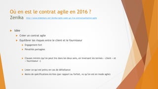 Où en est le contrat agile en 2016 ?
Zenika
 Idée
 Créer un contrat agile
 Equilibrer les risques entre le client et le fournisseur
 Engagement fort
 Pénalités partagées
 Clauses miroirs (qu’on peut lire dans les deux sens, en inversant les termes « client » et
« fournisseur »)
 Lister ce qui est prévu en cas de défaillance
 Moins de spécifications écrites (par rapport au forfait, vu qu’on est en mode agile)
http://www.slideshare.net/Zenika/agile-wake-up-3-la-contractualisation-agile
 