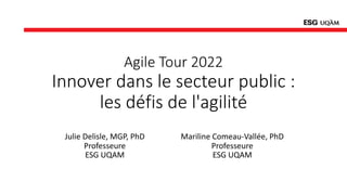 Agile Tour 2022
Innover dans le secteur public :
les défis de l'agilité
Julie Delisle, MGP, PhD
Professeure
ESG UQAM
Mariline Comeau-Vallée, PhD
Professeure
ESG UQAM
 