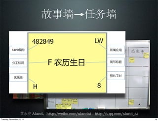 故事墙→任务墙




                                                                        !
                                                                  !



                    艾永亮 Aland，http://weibo.com/alandai，http://t.qq.com/aland_ai
Tuesday, November 22, 11                                                          14
 