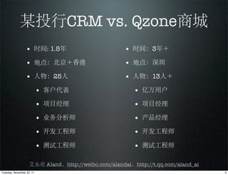 某投行CRM vs. Qzone商城
                 • 时间: 1.5年                          • 时间：3年＋
                 • 地点：北京＋香港                          • 地点：深圳
                 • 人物：25人                            • 人物：13人＋
                           • 客户代表                       • 亿万用户
                           • 项目经理                       • 项目经理
                           • 业务分析师                      • 产品经理
                           • 开发工程师                      • 开发工程师
                           • 测试工程师                      • 测试工程师

                    艾永亮 Aland，http://weibo.com/alandai，http://t.qq.com/aland_ai
Tuesday, November 22, 11                                                          4
 
