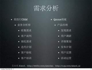 需求分析
                 • 某投行CRM                            • Qzone商城
                           • 业务分析师                      • 产品经理
                            • 收集需求                         • 发现需求
                            • 客户谈判                         • 用户调研
                            • 细化需求                         • 详细策划
                            • 迭代计划                         • 发布计划
                            • 客户验收                         • 用户反馈
                            • 客户培训                         • 活动运营

                    艾永亮 Aland，http://weibo.com/alandai，http://t.qq.com/aland_ai
Tuesday, November 22, 11                                                          6
 
