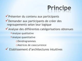 Présenter du contenu aux participants
Demander aux participants de créer des
 regroupements selon leur logique
Analyse des différentes catégorisations obtenues
   • Analyse qualitative
   • Analyse quantitative
       oDendrogrammes
       oMatrices de cooccurrence
 Etablissement d’architectures intuitives
 
