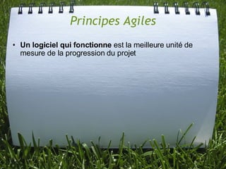 Principes Agiles
• Un logiciel qui fonctionne est la meilleure unité de
  mesure de la progression du projet
 