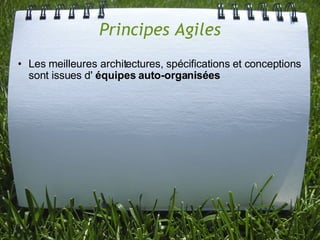 Principes Agiles
• Les meilleures architectures, spécifications et conceptions
  sont issues d' équipes auto-organisées
 