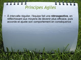 Principes Agiles
• À intervalle régulier, l'équipe fait une rétrospective, en
  réfléchissant aux moyens de devenir plus efficace, puis
  accorde et ajuste son comportement en conséquence
 