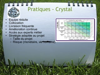Pratiques - Crystal
•   Equipe réduite
•   Collocation
•   Livraison fréquente
•   Amélioration continue
•   Accès aux experts métier
•   Stratégie adaptée au projet
     o Taille du projet
     o Risque (monétaire, vie humaine)
 