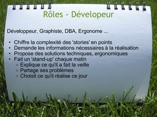Rôles - Dévelopeur
Développeur, Graphiste, DBA, Ergonome ...

•   Chiffre la complexité des 'stories' en points
•   Demande les informations nécessaires à la réalisation
•   Propose des solutions techniques, ergonomiques
•   Fait un 'stand-up' chaque matin
     o Explique ce qu'il a fait la veille
     o Partage ses problèmes
     o Choisit ce qu'il réalise ce jour
 