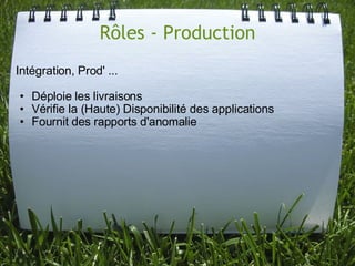 Rôles - Production
Intégration, Prod' ...

• Déploie les livraisons
• Vérifie la (Haute) Disponibilité des applications
• Fournit des rapports d'anomalie
 