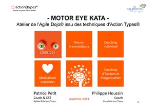 - MOTOR EYE KATA - 
Atelier de l'Agile Dojo® issu des techniques d'Action Types® 
Philippe 
Houssin 
Coach 
Peps 
& 
Ac2on|Types 
Patrice 
Pe2t 
Coach 
& 
CST 
Agilbee 
& 
Ac2on|Types 
1 
CDGR1234 
Mo2va2ons 
Profondes 
Neuro-­‐ 
transmeIeurs 
Coaching 
individuel 
Coaching 
d’Equipes 
et 
d’organisa2on 
Automne 2014 
 