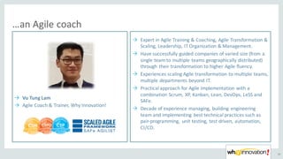 …an	Agile	coach
33
Ò Vu	Tung	Lam
Ò Agile	Coach	&	Trainer,	Why	Innovation!
Ò Expert	in	Agile	Training	&	Coaching,	Agile	Transformation	&	
Scaling,	Leadership,	IT	Organization	&	Management.
Ò Have	successfully	guided	companies	of	varied	size	(from	a	
single	team	to	multiple	teams	geographically	distributed)	
through	 their	transformation	to	higher	Agile	fluency.
Ò Experiences	scaling	Agile	transformation	to	multiple	teams,	
multiple	departments	beyond	IT.
Ò Practical	approach	for	Agile	implementation	with	a	
combination	Scrum,	XP,	Kanban,	Lean,	DevOps,	LeSS and	
SAFe.
Ò Decade	of	experience	managing,	building	 engineering	
team	and	implementing	 best	technical	practices	such	as	
pair-programming,	 unit	testing,	test	driven,	automation,	
CI/CD.
 