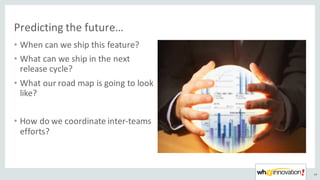 Predicting	the	future…
• When	can	we	ship	this	feature?
• What	can	we	ship	in	the	next	
release	cycle?
• What	our	road	map	is	going	to	look	
like?
• How	do	we	coordinate	inter-teams	
efforts?
48
 