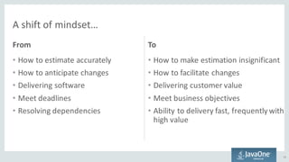 From
• How	to	estimate	accurately
• How	to	anticipate	changes
• Delivering	software	
• Meet	deadlines
• Resolving	dependencies	
To
• How	to	make	estimation	insignificant
• How	to	facilitate	changes
• Delivering	customer	value
• Meet	business	objectives
• Ability	to	delivery	fast,	frequently	with	
high	value
51
A	shift	of	mindset…	
 
