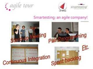 Smartesting: an agile company! Stand-up Meeting Pair Programming Continuous Integration Sprint backlog Etc. 