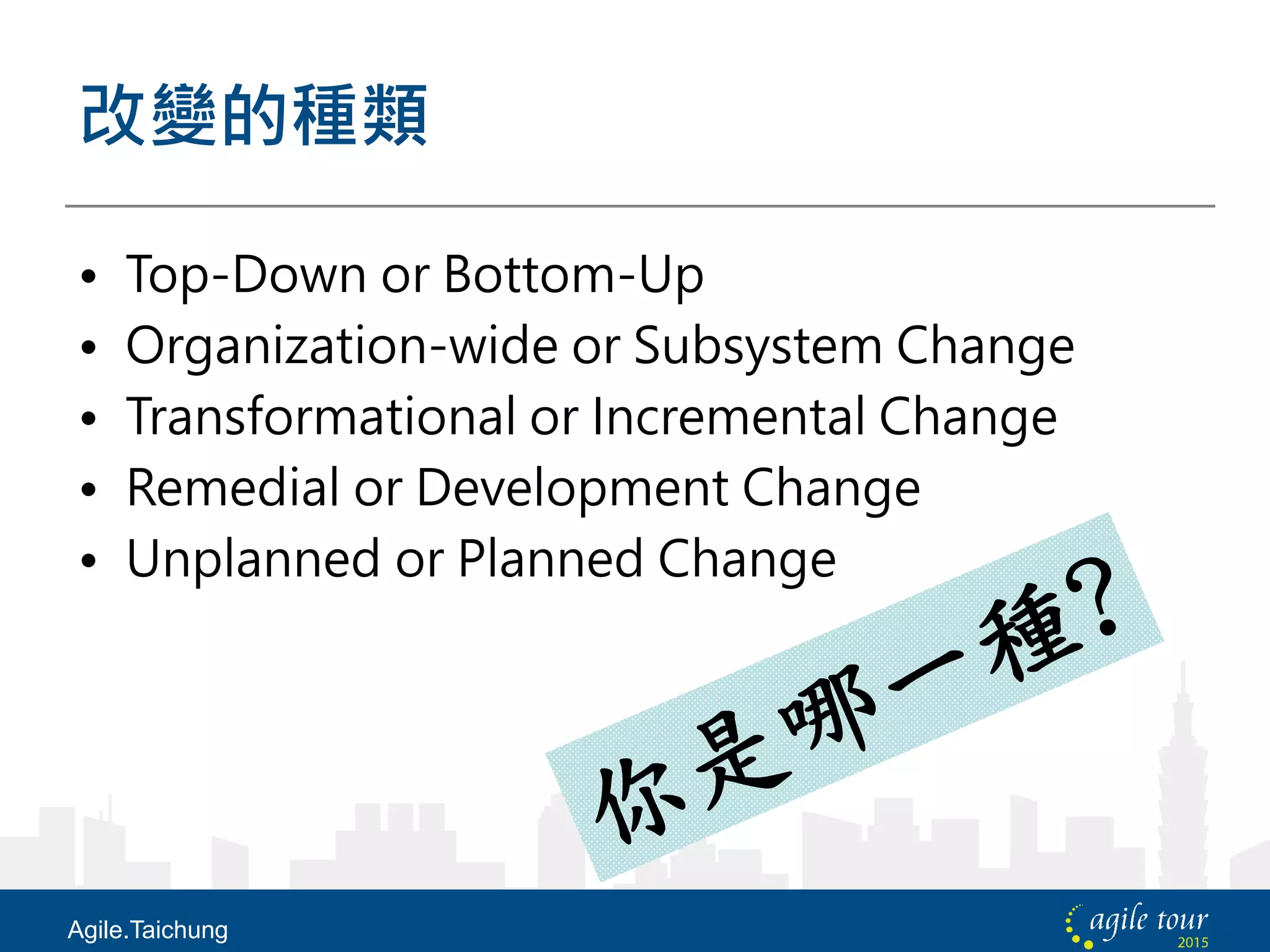 改變的種類
• Top-Down or Bottom-Up
• Organization-wide or Subsystem Change
• Transformational or Incremental Change
• Remedial or Development Change
• Unplanned or Planned Change
Agile.Taichung
 