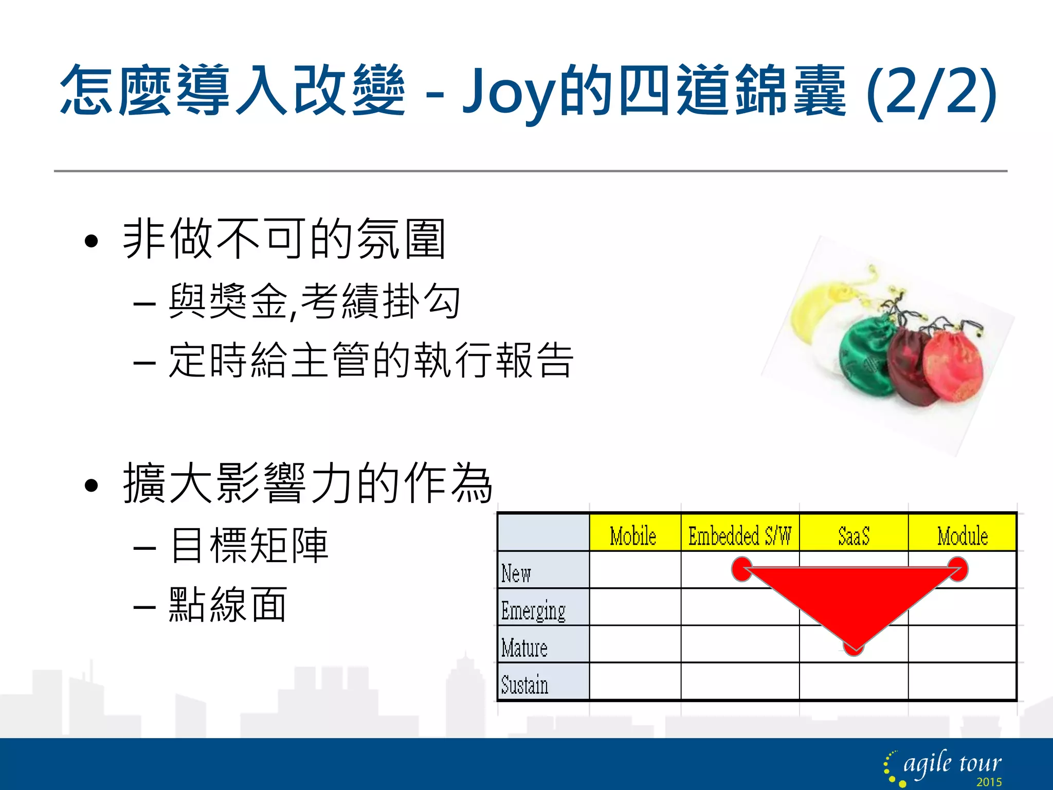 怎麼導入改變 - Joy的四道錦囊 (2/2)
• 非做不可的氛圍
– 與獎金,考績掛勾
– 定時給主管的執行報告
• 擴大影響力的作為
– 目標矩陣
– 點線面
 
