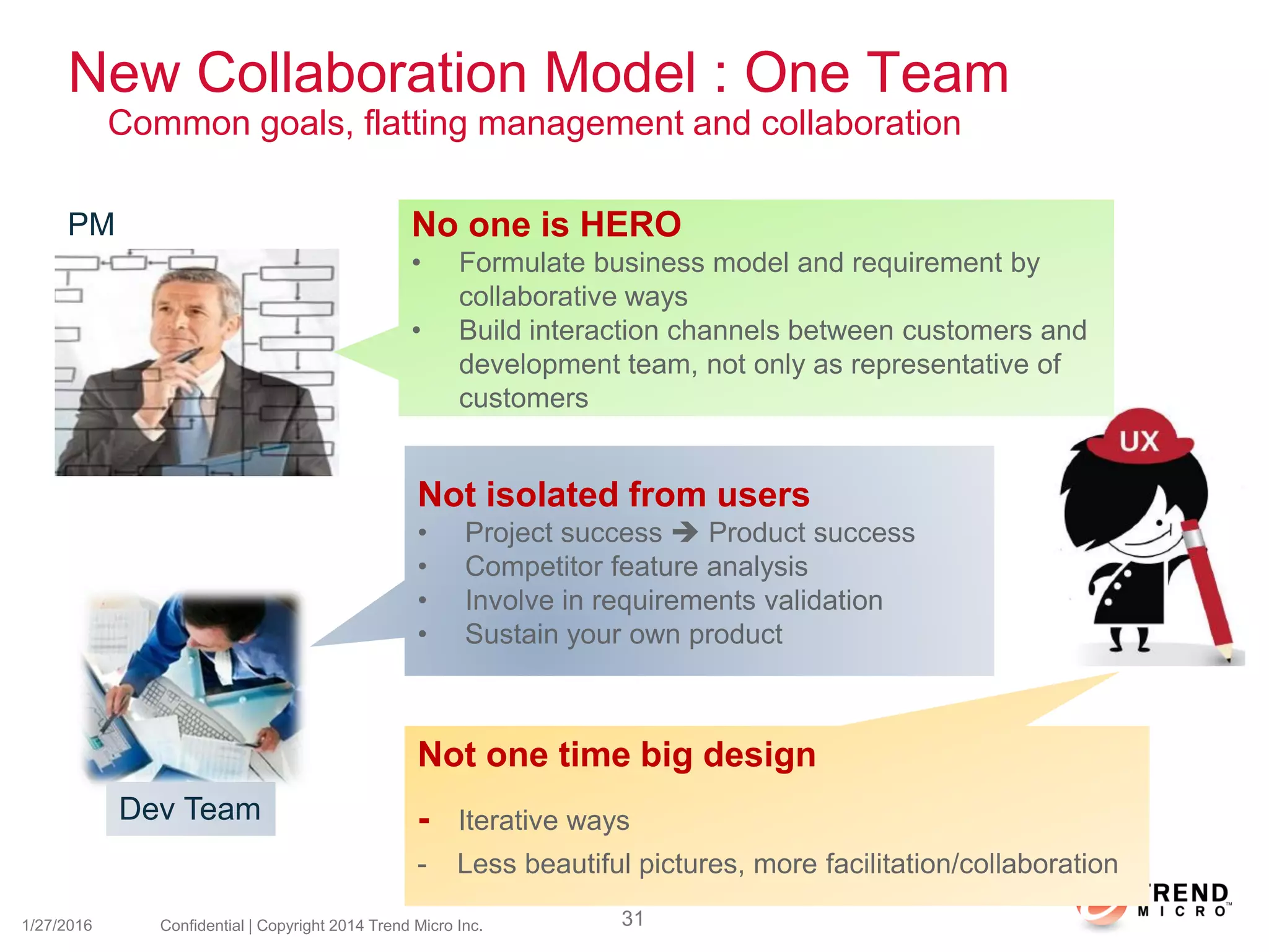 New Collaboration Model : One Team
Common goals, flatting management and collaboration
1/27/2016 Confidential | Copyright 2014 Trend Micro Inc.
Not one time big design
- Iterative ways
- Less beautiful pictures, more facilitation/collaboration
No one is HERO
• Formulate business model and requirement by
collaborative ways
• Build interaction channels between customers and
development team, not only as representative of
customers
PM
Not isolated from users
• Project success  Product success
• Competitor feature analysis
• Involve in requirements validation
• Sustain your own product
Dev Team
31
 