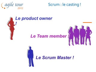 Scrum : le casting !


Le product owner
!

      Le Team member !



        Le Scrum Master !

          Les méthodes agiles      33
 