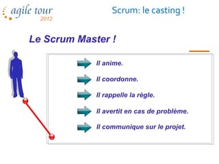 Scrum: le casting !


Le Scrum Master !

             Il anime.

             Il coordonne.

             Il rappelle la règle.

             Il avertit en cas de problème.

             Il communique sur le projet.
 