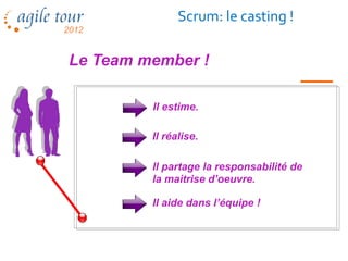 Scrum: le casting !

Le Team member !

         Il estime.

         Il réalise.

         Il partage la responsabilité de
         la maitrise d’oeuvre.

         Il aide dans l’équipe !
 