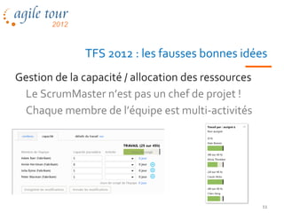 TFS 2012 : les fausses bonnes idées
Gestion de la capacité / allocation des ressources
 Le ScrumMaster n’est pas un chef de projet !
 Chaque membre de l’équipe est multi-activités




                                                     11
 