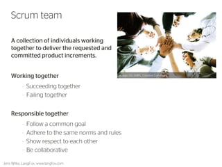 A collection of individuals working together to deliver the requested and committed product increments. 
Working together 
•Succeeding together 
•Failing together 
Responsible together 
•Follow a common goal 
•Adhere to the same norms and rules 
•Show respect to each other 
•Be collaborative 
23 
Scrum team 
Jens Wilke, LangFox, www.langfox.com 
Image: DG EMPL, Creative Commons  