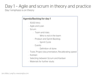 Agenda/Backlog for day 1 
–10:00 Intro 
–Agile and Lean 
–Scrum 
–Team and roles 
–Who is not in the team 
–Product and Sprint Backlog 
–Sprint Cycle 
–Events 
–Definition of done 
–Tools: Project documentation, Recalibrating speed 
–Kanban 
–Selecting between Scrum and Kanban 
–Materials for further study 
3 
Day 1 – Agile and scrum in theory and practice Day 1 emphasis is on theory 
Jens Wilke, LangFox, www.langfox.com  