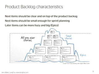 Next items should be clear and on top of the product backog 
Next items should be small enough for sprint planning 
Later items can be more hazy and big (Epics) 
31 
Product Backlog characteristics 
Jens Wilke, LangFox, www.langfox.com 
Graph from: Succeeding with Agile, Mike Cohn  