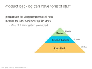 The items on top will get implemented next 
The long tail is for documenting the ideas 
–Most of it never gets implemented 
33 
Product backlog can have tons of stuff 
Jens Wilke, LangFox, www.langfox.com  