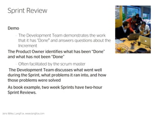 Demo 
–The Development Team demonstrates the work that it has “Done” and answers questions about the Increment 
The Product Owner identifies what has been “Done” and what has not been “Done” 
–Often facilitated by the scrum master 
The Development Team discusses what went well during the Sprint, what problems it ran into, and how those problems were solved 
As book example, two week Sprints have two-hour Sprint Reviews. 
Jens Wilke, LangFox, www.langfox.com 
50 
Sprint Review  