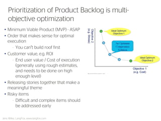 •Minimum Viable Product (MVP) - ASAP 
•Order that makes sense for optimal execution 
–You can’t build roof first 
•Customer value, e.g. ROI 
–End user value / Cost of execution (generally using rough estimates, and needs to be done on high enough level) 
•Releasing stories together that make a meaningful theme 
•Risky items 
–Difficult and complex items should be addressed early 
Prioritization of Product Backlog is multi- objective optimization 
Jens Wilke, LangFox, www.langfox.com  