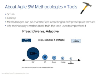 •Scrum 
•Kanban 
•Methodologies can be characterized according to how prescriptive they are 
•The methodology matters more than the tools used to implement it 
About Agile SW Methodologies = Tools 
Jens Wilke, LangFox, www.langfox.com  